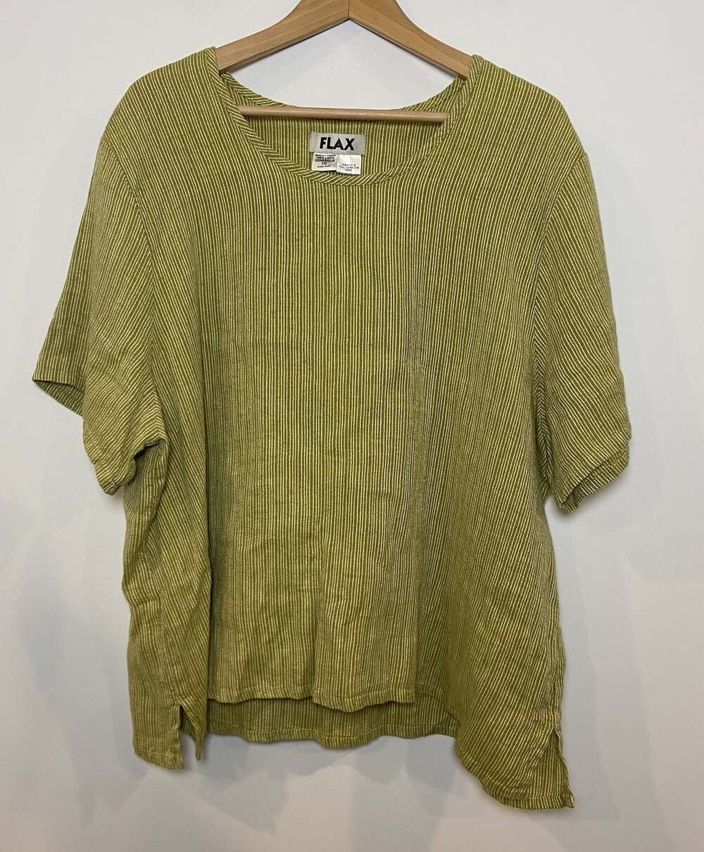 FLAX Shirt 100% Linen Green Cream Stripe Boxy Lagenlook Minimalist 1G 18 20
